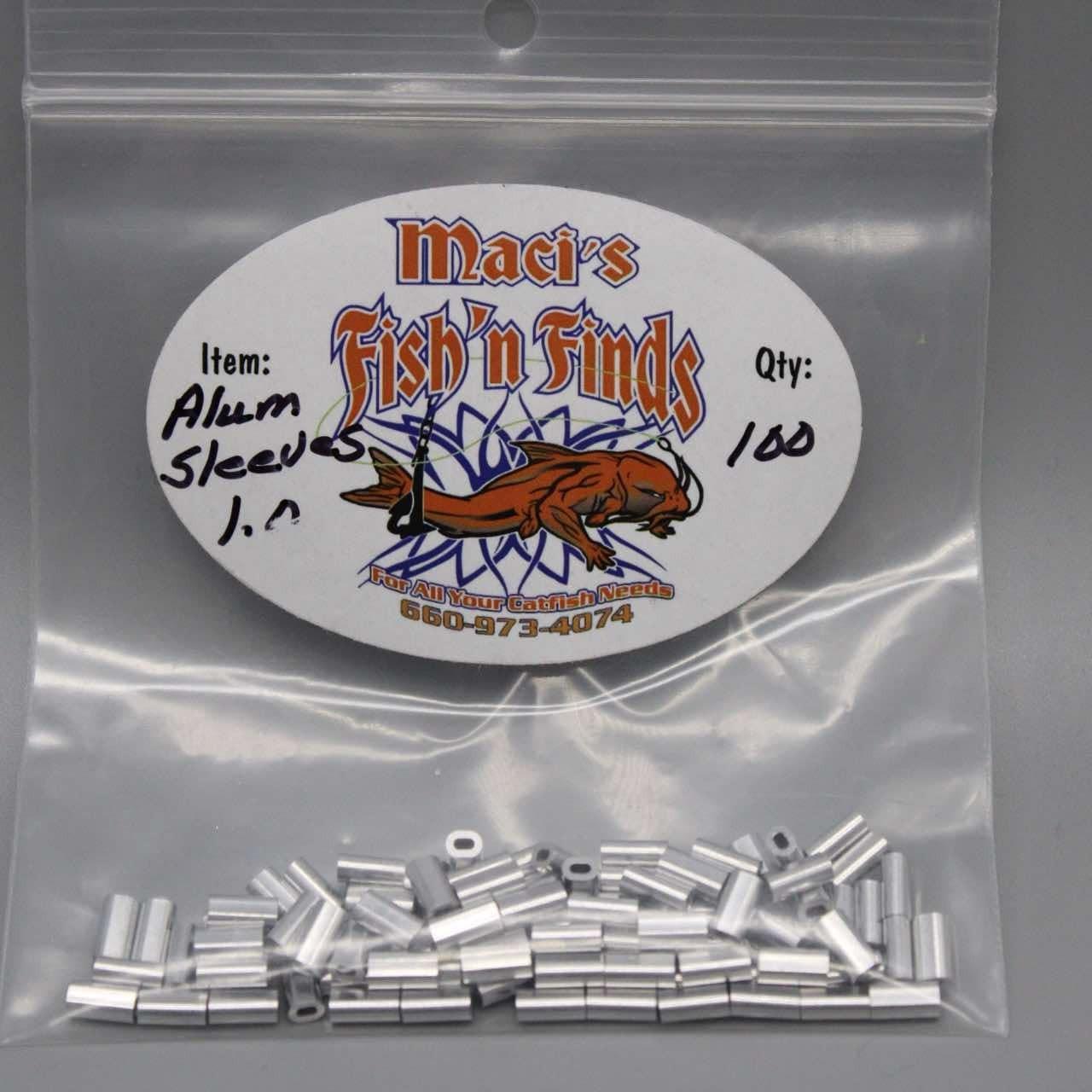 Maci's Fish 'n Finds Aluminum Crimpable Sleeves 100pk 1.2mm (110lb), 1.0mm (60lb-80lb), 0.8mm (50lb) for Versatile Use